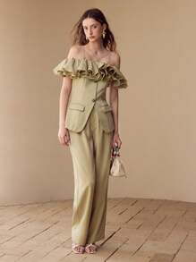 MOTF PREMIUM RUFFLE TRIM BUTTON FRONT TOP - Green - View 1