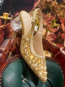 CUCCOO TILAWA Women's Pointed Toe Crystal Heel Hollow Out Rhinestone Shoes, Suitable For Outing, Banquet, Party And Other Occasions Spring Shoes Spring Break Easter Prom Heels For Christmas - Gold - View 8