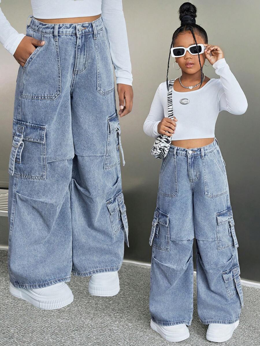 SHEIN Tween Girl's Y2K Loose Casual Denim Jeans With Pockets, Pleats, And Wide-Legged Design,Girls Casual Button,Pocket,Zipper Drop Waist Wide Leg Long Blue Loose Girls Jeans,Fall/Winter,Casual Daily Wear - Light Wash - View 1