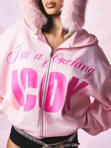 SUMWON WOMEN Sudadera con cremallera completa, con texto estampado atrevido, de estética Y2K sobredimensionada, prenda de abrigo de invierno, de uso casual, de estilo urbano, para festivales, fiestas y clubes