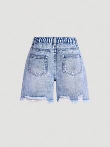 SHEIN Distressed High Waist Slim Fit Frayed Hem Girls Denim Shorts
