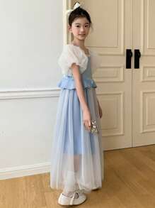 DAZY Tween Girl' Square Collar Mesh Splice Simple Princess Dress, Summer,Back To School Clothes - Blue - View 4