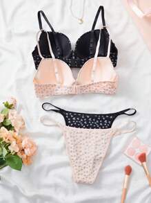 Bộ đồ lót nâng ngực gợi cảm lãng mạn 4 món dành cho nữ có họa tiết trái tim, thường ngày - Nhiều màu - Xem 4