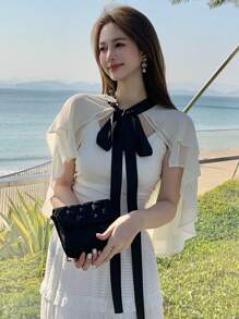 DAZY Women's Color-Block Layered Ribbon Trim Blouse,Ruffle Vacation Outfits Women - White - View 2
