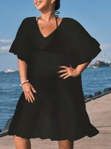 Swim Lushoire Plus Size Solid Color Ruffle Hem Beach Cover Up Black Dress For Summer Beach Vacation - Black - View 3