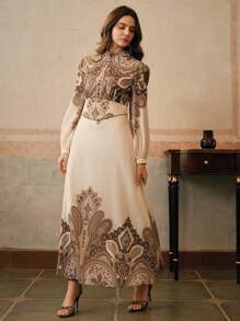 Anewsta Váy tay dài cổ đứng in họa tiết Paisley thanh lịch, thích hợp cho ngày lễ tình nhân, năm mới và kỳ nghỉ - Màu be - Xem 5