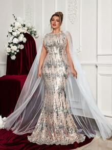 Glamrae Plus Size Asymmetrical Abstract Shell Sequin & Faux Pearl Mesh Patchwork Elegant Fishtail Formal Evening Dress, Wedding Guest Dress, Party Dress,Gown - Champagne - View 1