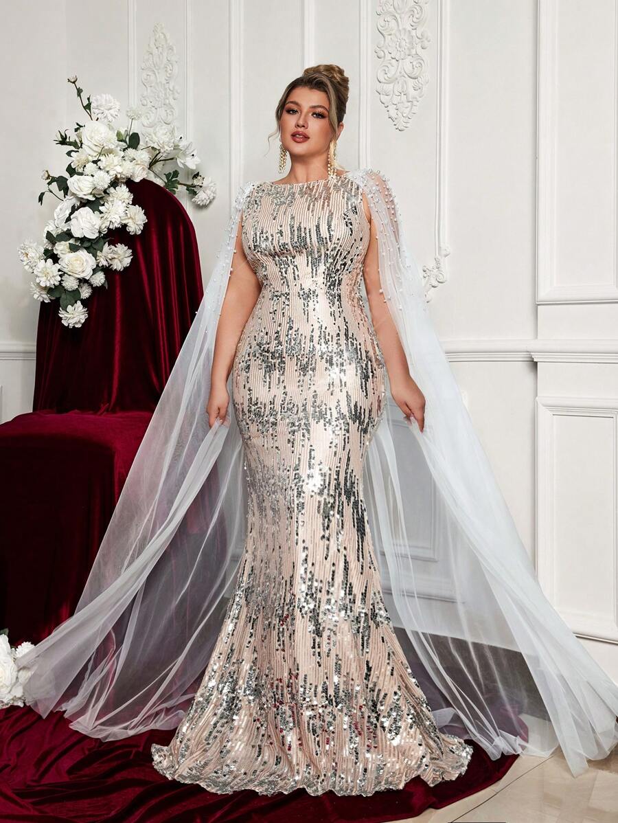 Glamrae Plus Size Asymmetrical Abstract Shell Sequin & Faux Pearl Mesh Patchwork Elegant Fishtail Formal Evening Dress, Wedding Guest Dress, Party Dress,Gown - Champagne - View 1