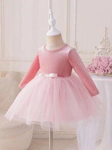 Glamorique Kids Christmas Party Wear Baby Girl Pink Velvet Ribbon Bow Mesh Layered Princess Dress For Piano Recital, Ballet, Stage, Middle East And Europe