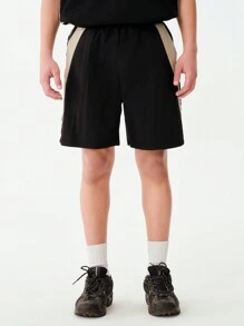 SHEIN 1 pezzo Pantaloncini da basket stile hip hop vintage americano per ragazzi adolescenti, vestibilità ampia, patchwork casual, streetwear, adatti per basket, hip hop, uso quotidiano, estate all'aperto, skateboard - nero - Visualizzare 6