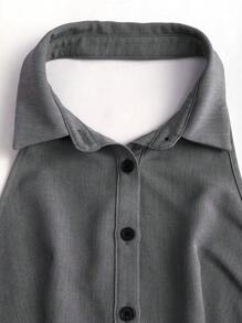 Flirla Deep Gray Front Button Decor Collar Open Back Bowknot Neck Suspender Tank Top, Minimalist And Elegant Business Work Design Ladies Spring/Summer - Dark Grey - View 6