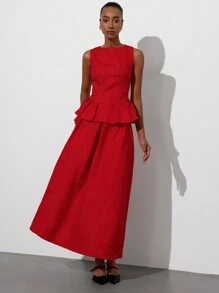Aveloria Modichic 2pcs/Set Women's Red Romantic Party Outfit - Sleeveless Jacquard Top With Layered Waist Detail & Extra Long Skirt, Elevated Look