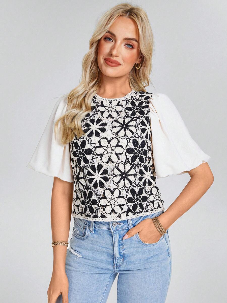 SHEIN LUNE Women White Short Puff Sleeve Blouse With Embroidered Design - Black and White - View 1