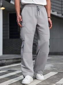 Manfinity CasualCool 男士多口袋设计直筒宽松休闲工装裤，工装裤，白色男士裤子 - 灰色 - 查看 4
