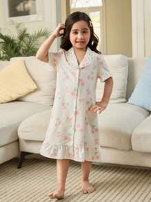 Young Girls Cute Cherry Pattern Collar Button Front Ruffle Hem Short Sleeve Sweet Nightdress, Sibling Matching Outfits (2 Pieces Sold Separately) - Multicolor - View 5