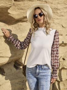 LanaWest Casual Patchwork Frill Trim Long Sleeve Blouse Fall Cloth For Women - Multicolor - View 3