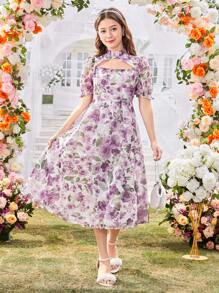 Wildeya 1 Stück Teenager Mädchen Lila Rüschen Kragen Puff Ärmel Kurzarm Organza Muster Kleid, feminin & elegant, Frühling/Sommer, Ferien, Sommer, Reise