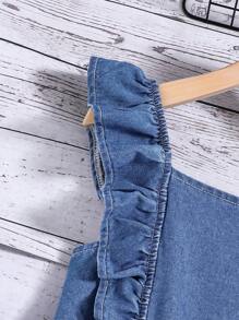 SHEIN Girlism Tween Girls Summer Boho Backless Denim Playsuit With Cute Ruffle Hem And Bowknot, Summer Beach Denim Romper - Light Wash - View 4