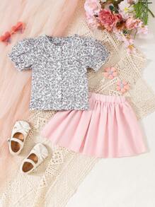 SHEIN 2 pièces Ensemble de tenues assorties pour bébé/bébé fille: Top à manches lanternes avec col, volants et boutons & Jupe à taille élastique à double couche en tulle, tenue d'été et d'usage décontracté - Rose bonbon - Voir 3