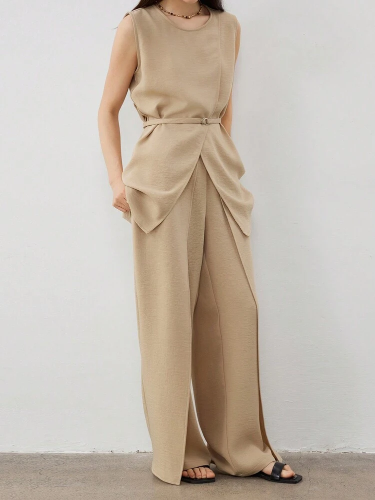 Simple Business Casual Solid Color Cinched Waist Asymmetric Patchwork Split Straight Leg Pants & Suit Set For Women Old Money,Women Two Piece Sets