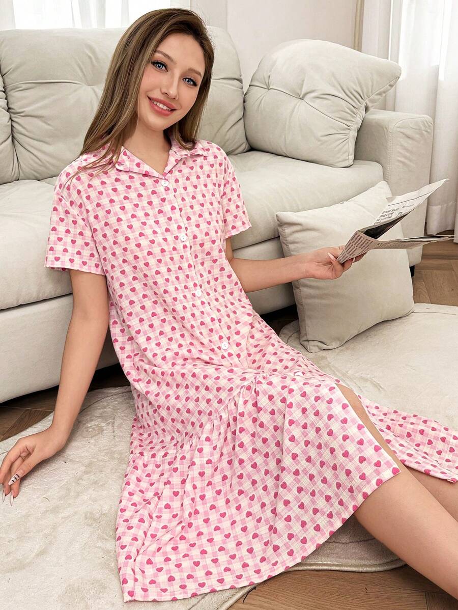 Dream Adore 女士心形格子拼接荷叶边下摆睡裙 - 粉色 - 查看 1