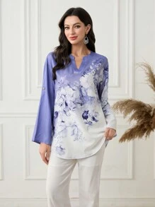 Seusyu Women Floral Print V-Neck Cuffed Sleeve Shirt Fall Cloth For Women - Multicolor - View 3