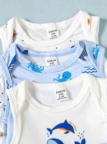 SHEIN Playful Pals 3件套男婴夏季可爱海洋生物印花短袖连体衣