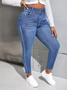 SHEIN PETITE CURVE Plus Size Washed High Waist Slim Fit Jeans - Medium Wash - View 6