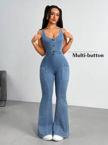 Flexra 女士前口袋纽扣休闲百搭牛仔连身裤 - 藍色 - 查看 3