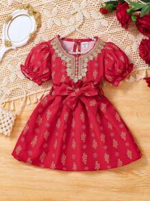 Îmbrăcăminte pentru fetițe Rochie elegantă de vară cu mâneci scurte cu guler brodat cu imprimeu auriu, potrivită pentru petreceri, festivaluri și activități în aer liber - roșu - Vizualizare 2