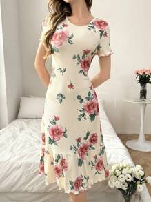 Ruffled Floral Print Short Sleeve Casual Nightgown Babydoll, Minimalist And Fashion For Daily Wear PerfectSummer - Multicolor - View 3