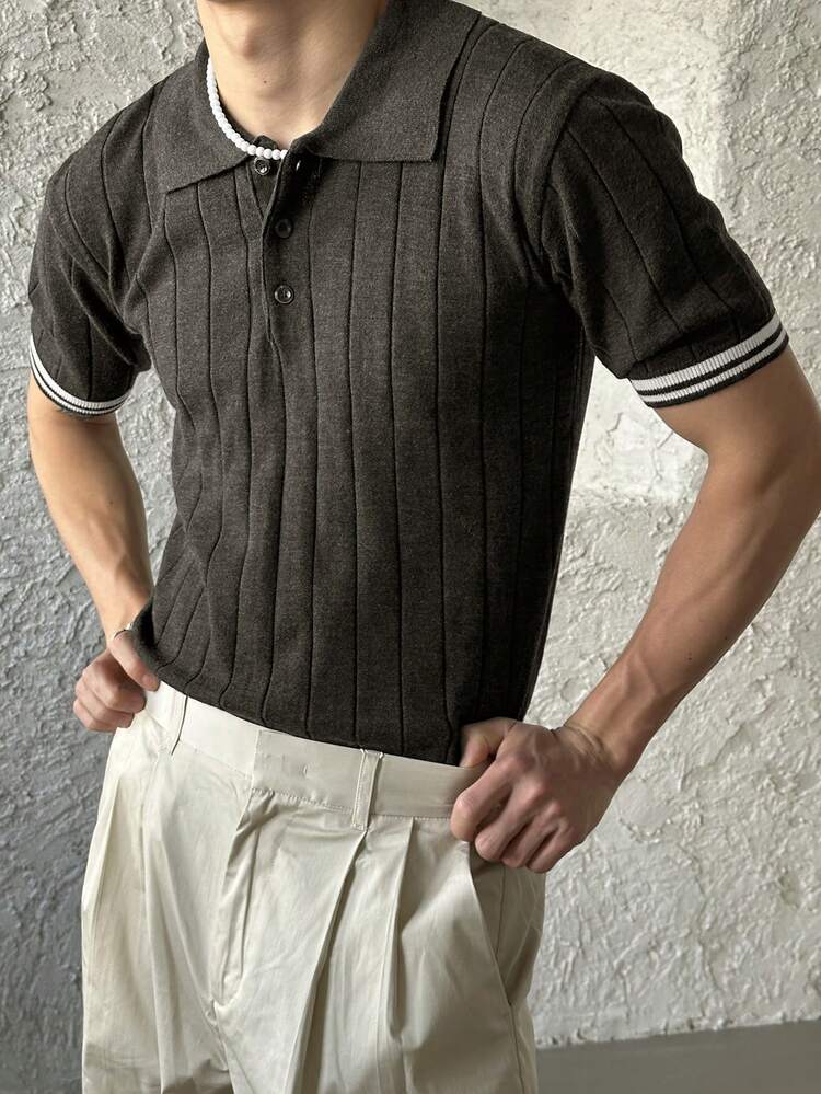 Men's Half-Open Collar Ribbed Contrast Color Knitted Sweater, Summer Business Attire