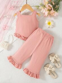 SHEIN Conjunto de verano para niñas bebé/pequeñas con top de chaleco decorado con rosas y pantalones a juego con dobladillo floral