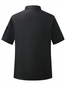 Manfinity Homme Men's Solid Color Stand Collar Short Sleeve Single-Breasted Chef Shirt, Short Sleeve Chef Jacket - Black - View 2