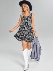SHEIN LUNE Robe décontracté mini femme à rayures noires et blanches, col V sans manches, ourlet asymétrique, convient pour le printemps/été - Noir et Blanc - Voir 4