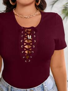 SHEIN Unity 大码休闲简约纯色交叉领带短袖 T 恤 - 酒紅色 - 查看 7