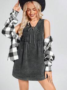 SHEIN LUNE 女士春夏无袖 V 领系带水洗复古 A 字短裙 - 黑色 - 查看 5