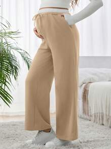 SHEIN 孕妇撞色腰带口袋阔腿休闲裤 - 卡其色 - 查看 4