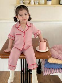 SHEIN Leap Crew Baby Mädchen Minimalist Revers Fronttasche Kurzarm & Hose Bequeme Casual Homewear 2 Stücke Set Babykleidung für Mädchen Lässige Babykleidung für Mädchen Lässiger Strickstoff Babykleidung Baumwolle Babykleidung für Mädchen Baumwolle Babykleidung - Babypink - Übersicht 3