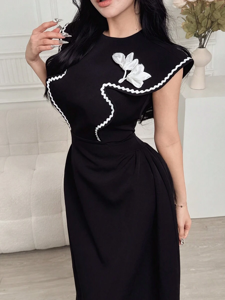 Modelyn Vestido con dobladillo de volantes de patchwork con decoración de flor 3D para mujeres - Negro - Ver 1