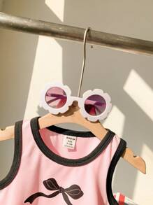 女婴婴儿和幼儿（0-3 岁）休闲百搭时尚黑色和粉色撞色蝴蝶结装饰无袖上衣，适合室内和室外穿着 - 粉色 - 查看 5