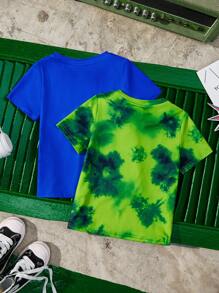 TEENAGE MUTANT NINJA TURTLES | SHEIN 2pcs/Set Young Boy Cartoon Tie-Dye T-Shirt And Blue Cartoon Turtle Printed T-Shirt, Casual Suitable For All Seasons - Multicolor - View 2