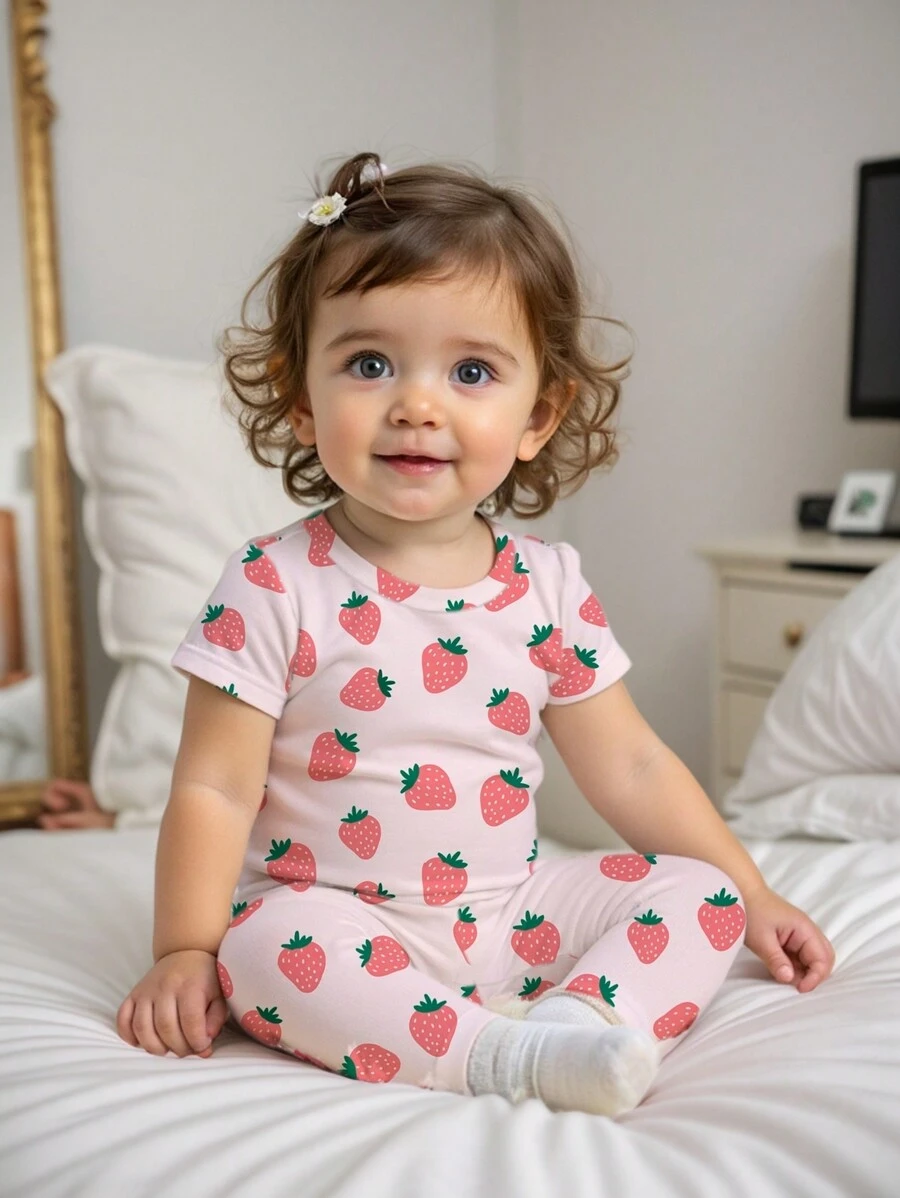 SHEIN Baby Girl Strawberry Graphic Snug-Fit Short Sleeve Jumpsuit, Casual & Comfortable Home/Loungewear