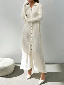 EURMUSE Casual Polo Neck Metallic Button Down Rib Knit Ruffle Hem Maxi Knitted Pure White Dress - White - View 5