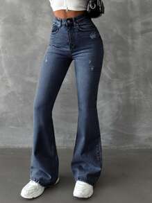 EURMUSE 98%Cotton Ladies' Distressed Flared Jeans - Light Wash - View 3