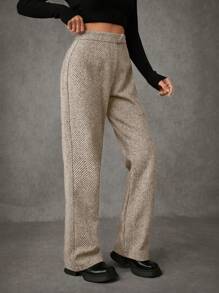 EURMUSE 休闲通勤阔腿高腰直筒裤 - 米色 - 查看 7