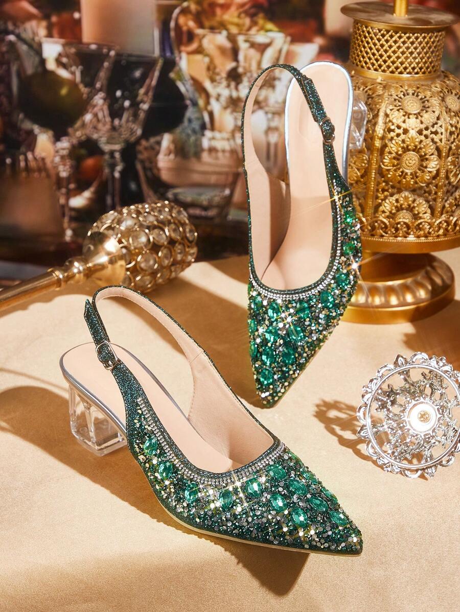 CUCCOO TILAWA Women's Crystal Heel Rhinestone Pointed Toe Hollow Out Black Slip-On Pumps, Suitable For Going Out, Banquet, Party And Other Occasions - Green - View 1