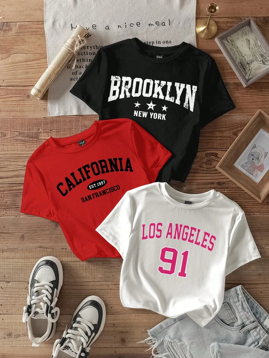Attitoon Bộ 3 chiếc áo thun ngắn tay in chữ bó sát cổ tròn phong cách tối giản California, Los Angeles, Brooklyn dành cho nữ, phù hợp cho mùa hè - Nhiều màu - Xem 1