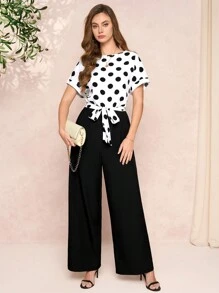 SHEIN Clasi 圆点印花上衣和纯色裤子优雅连身裤，简约设计 - 黑與白 - 查看 3
