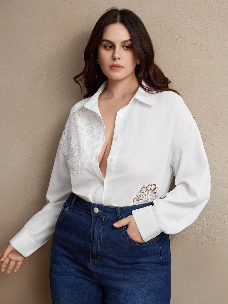 Anewsta 钩针拼布曲线优雅宽松大码女式衬衫，适合夏季度假 - 白色 - 查看 1